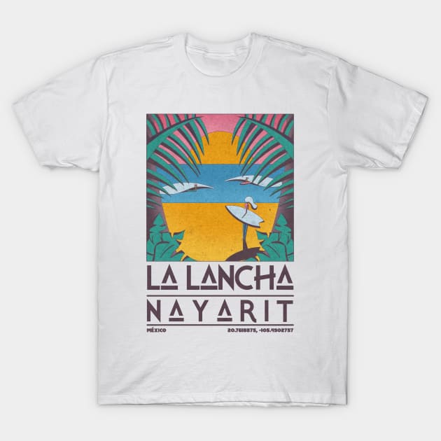 La Lancha, Nayarit, Mexico Retro Travel Poster T-Shirt by JDP Designs